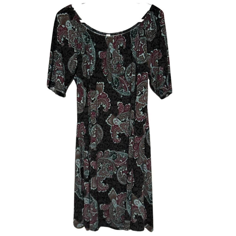 Paisley Grace Women's Gray Burgundy Teal Paisley Short Sleeve Dress Size XL